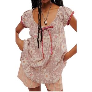 Free People Frankie Cotton Tunic dress Shirt Floral Tie Front Boho M Stone